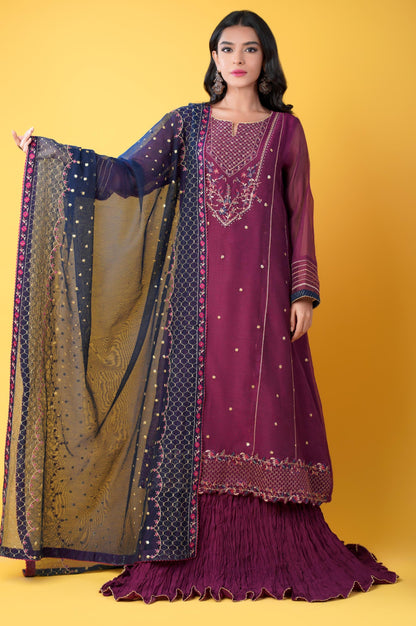 3 Pieces Unstitched Embroidered Khadi Net Suit