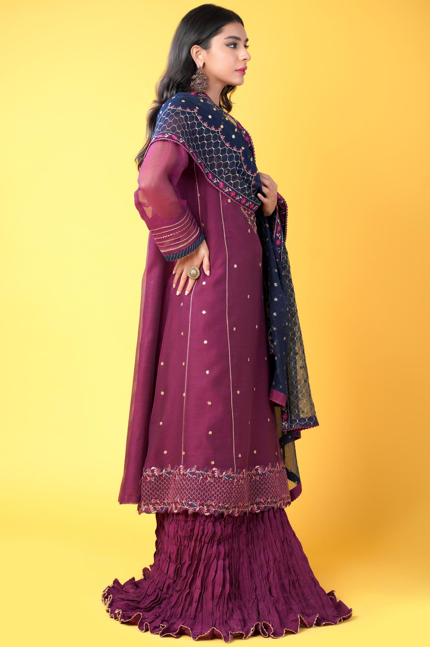 3 Pieces Unstitched Embroidered Khadi Net Suit