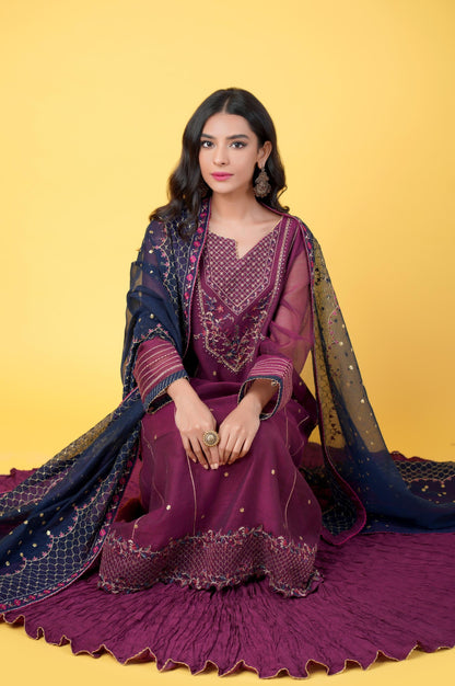 3 Pieces Unstitched Embroidered Khadi Net Suit