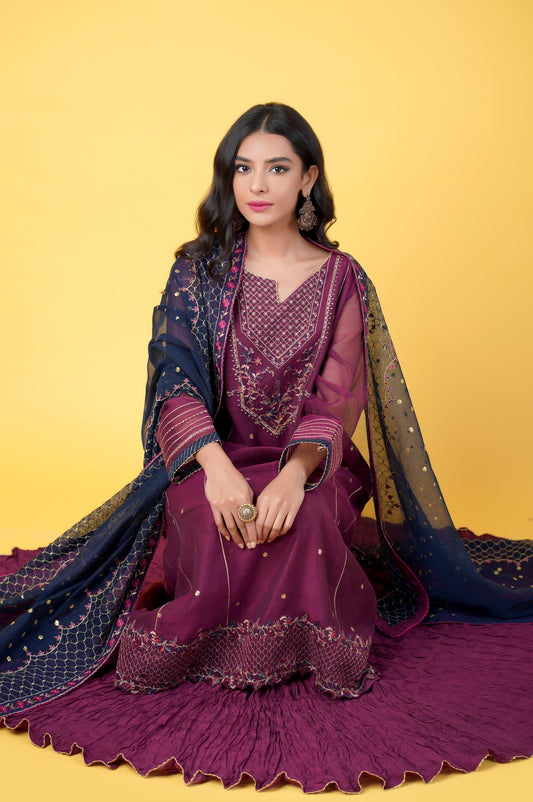 3 Pieces Unstitched Embroidered Khadi Net Suit