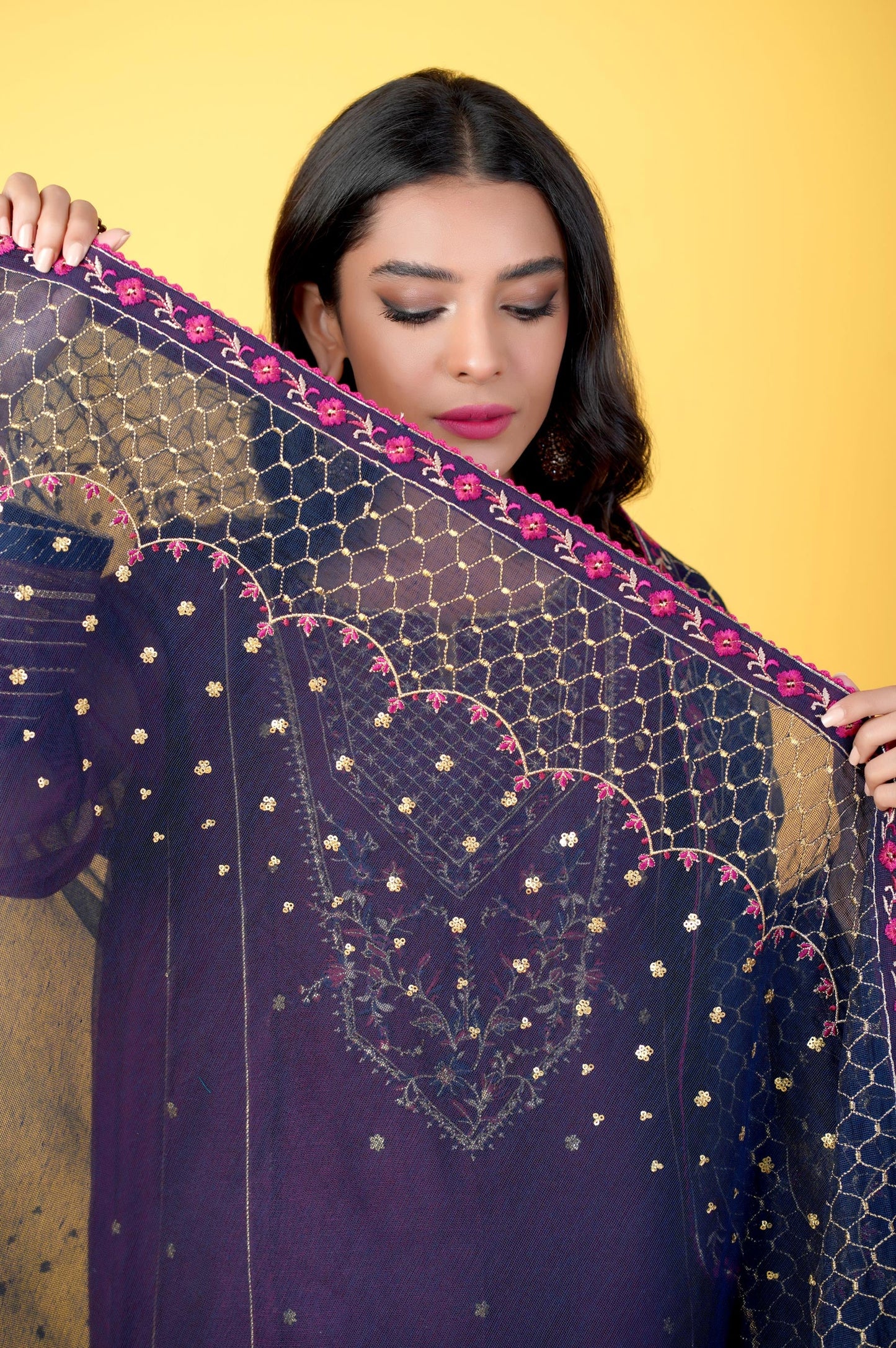 3 Pieces Unstitched Embroidered Khadi Net Suit