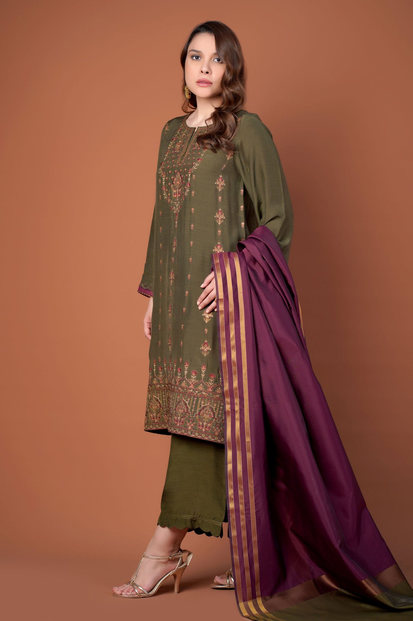 3 Piece Unstitched Embroidered Raw Silk Suit