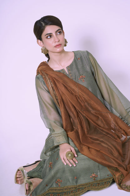 3 Piece Unstitched Embroidered Khadi Net Suit