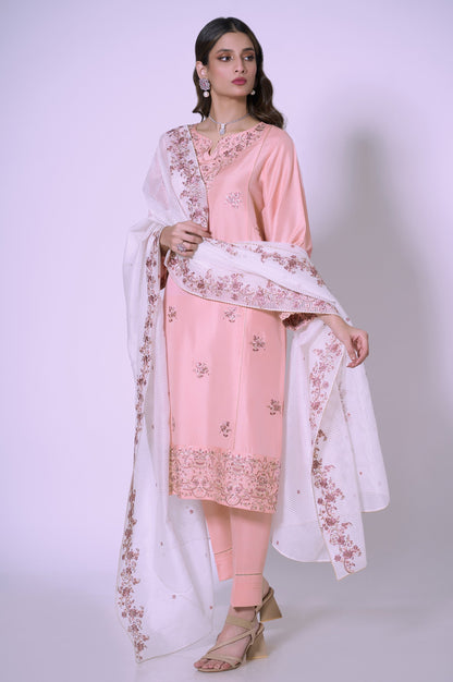3 Piece Unstitched Embroidered Cotton Silk Suit