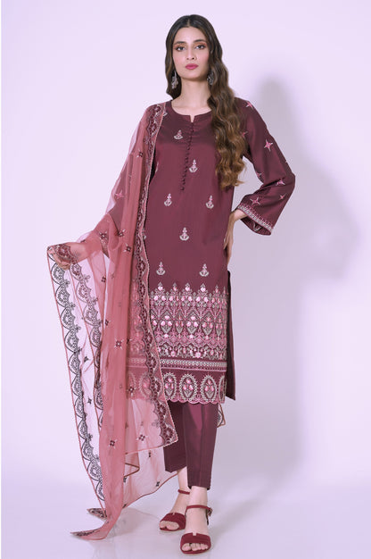3 Piece Unstitched Embroidered Cotton silk Suit