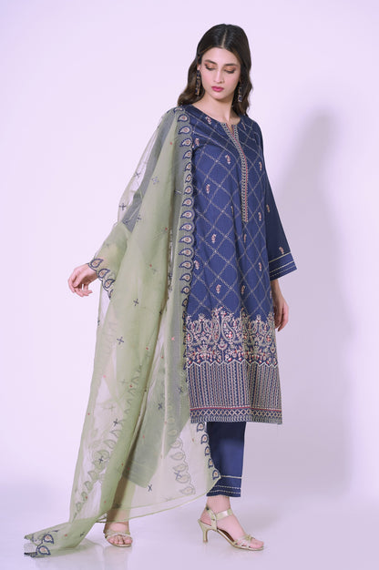 3 Piece Unstitched Embroidered Cotton silk Suit