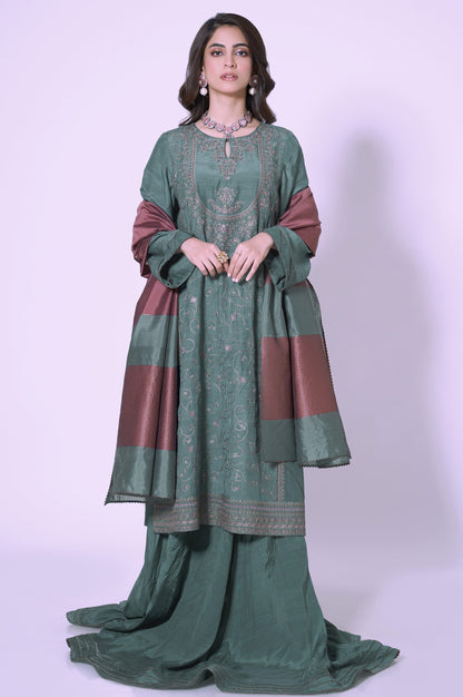 3 Piece Unstitched Embroidered Raw Silk Suit