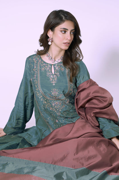 3 Piece Unstitched Embroidered Raw Silk Suit