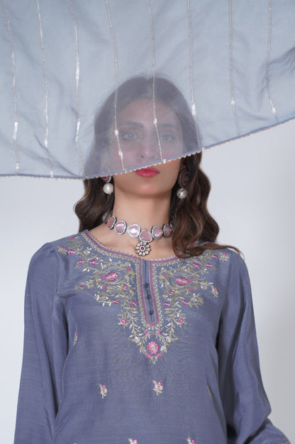 3 Piece Unstitched Embroidered Raw silk Suit
