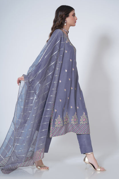 3 Piece Unstitched Embroidered Raw silk Suit