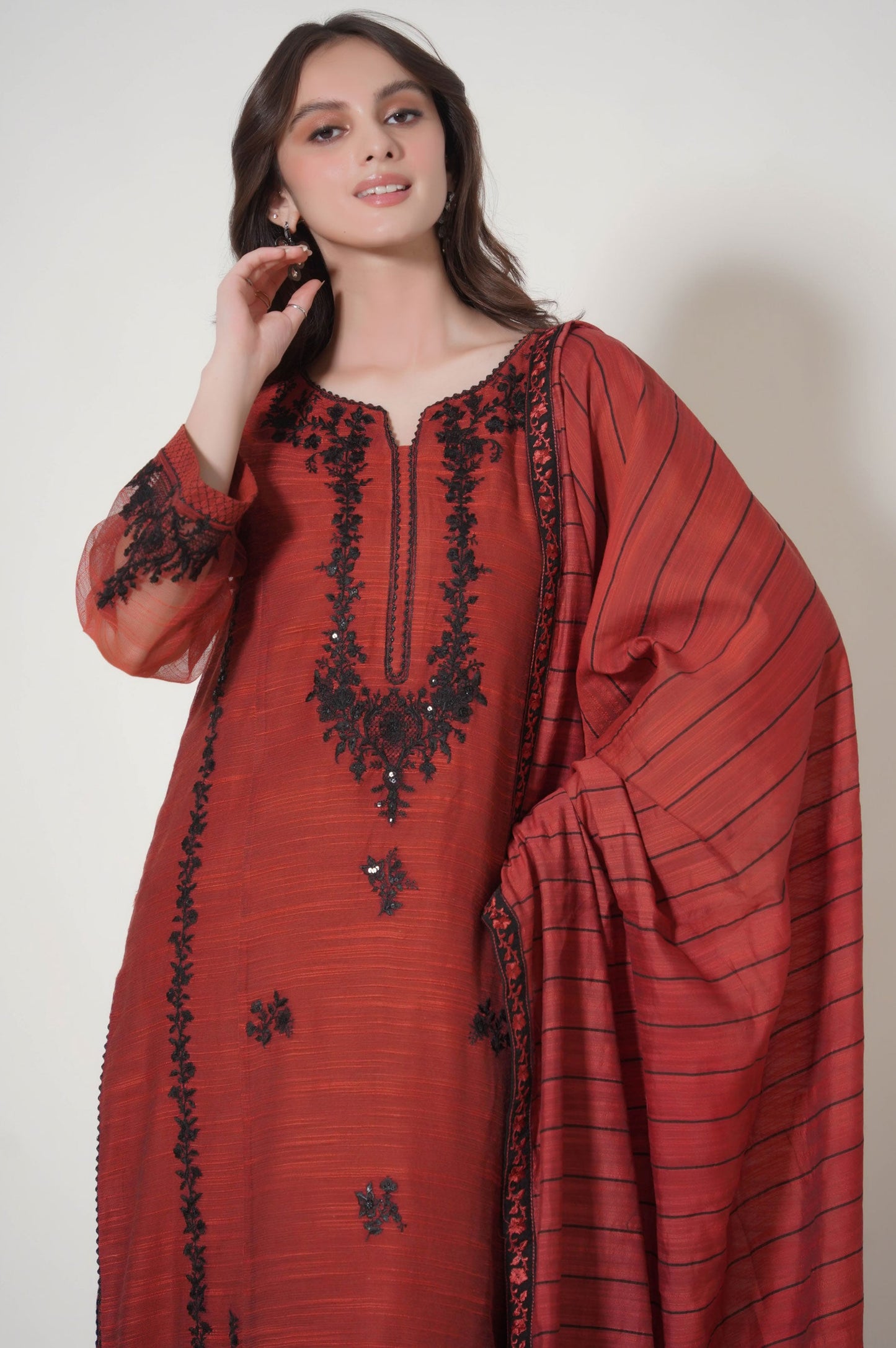 3 Piece Unstitched Embroidered Slub Khaddi Net Suit