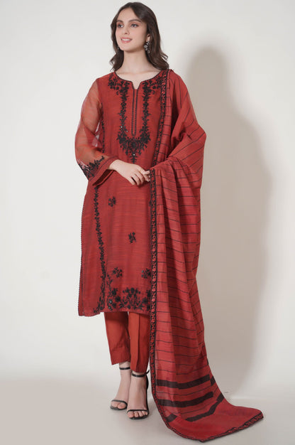 3 Piece Unstitched Embroidered Slub Khaddi Net Suit