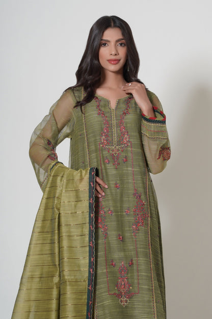 3 Piece Unstitched Embroidered Slub Khaddi Net Suit