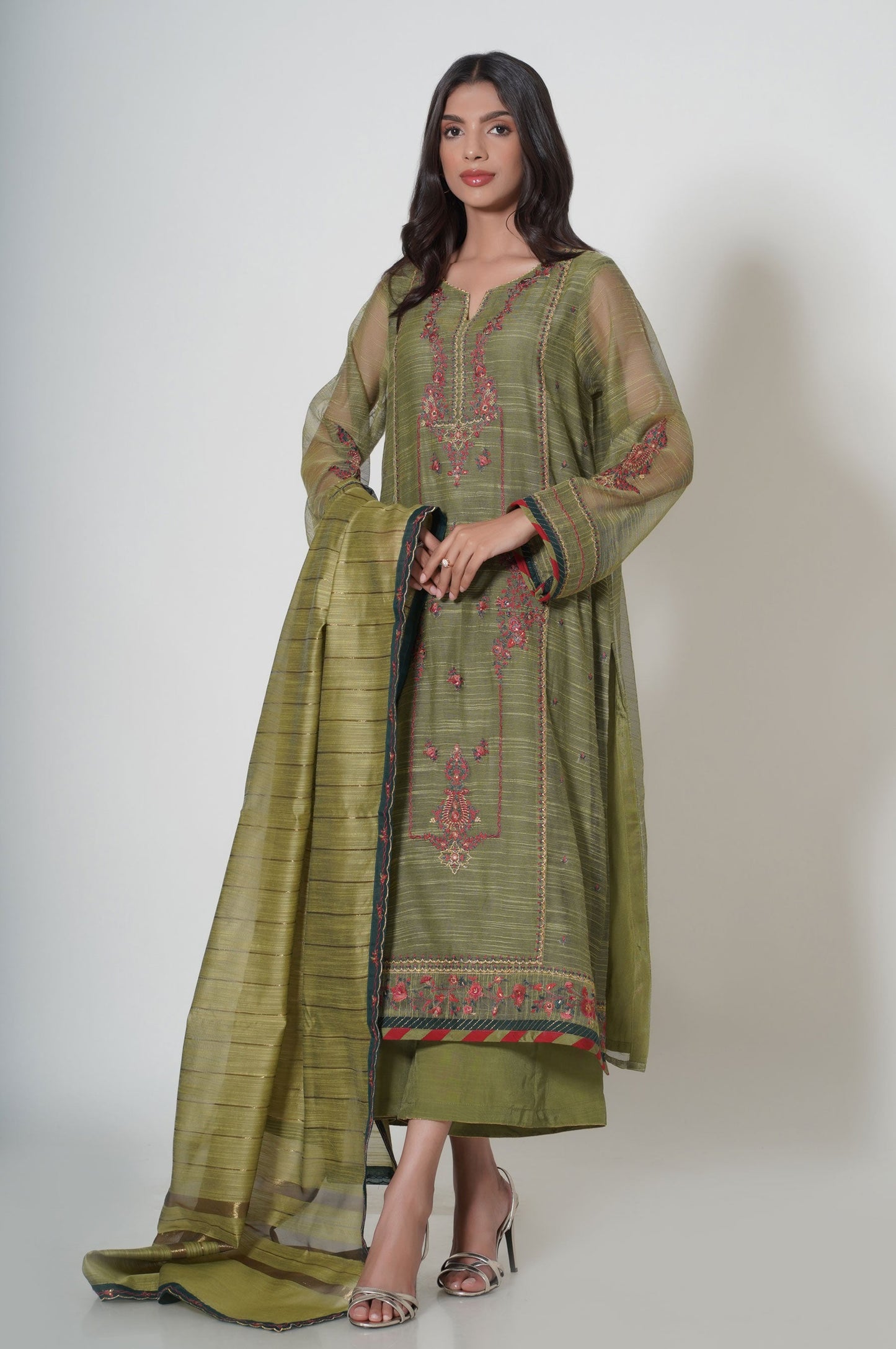 3 Piece Unstitched Embroidered Slub Khaddi Net Suit