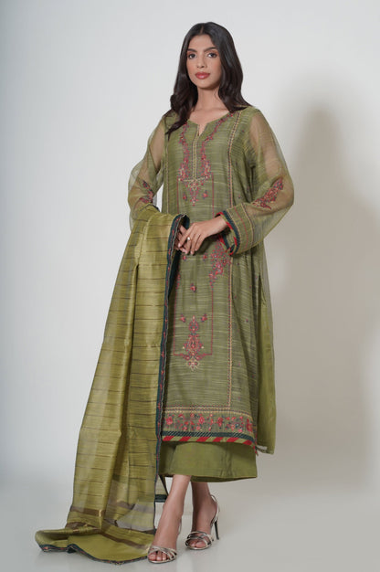 3 Piece Unstitched Embroidered Slub Khaddi Net Suit