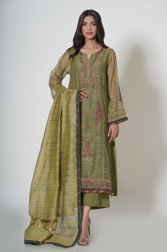 3 Piece Unstitched Embroidered Slub Khaddi Net Suit