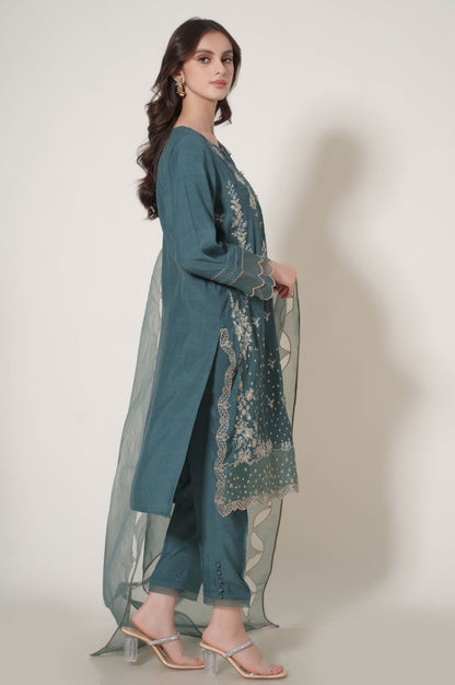 3 Piece Unstitched Embroidered Raw Silk Suit