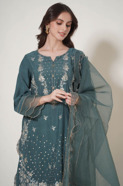 3 Piece Unstitched Embroidered Raw Silk Suit