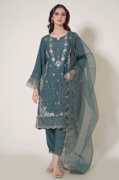 3 Piece Unstitched Embroidered Raw Silk Suit
