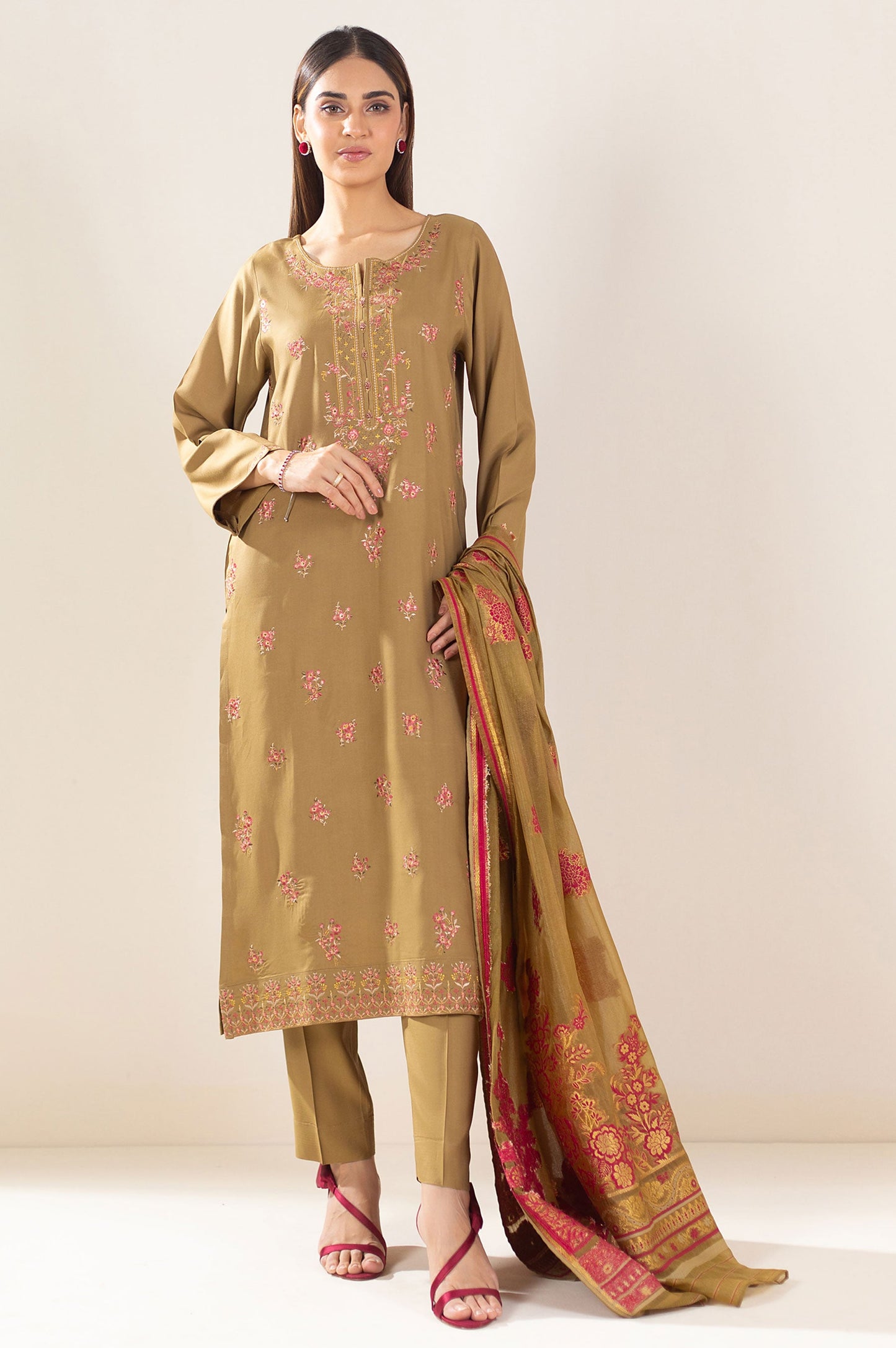 3 Piece Unstitched Embroidered Oak Silk Suit