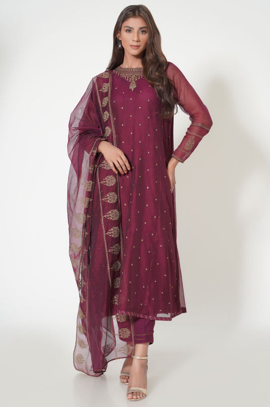 Unstitched 3 Piece Embroidered Khaddi Net Suit