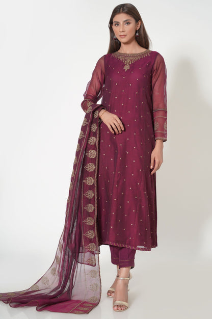 Unstitched 3 Piece Embroidered Khaddi Net Suit