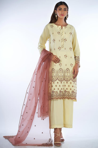 3 Piece Unstitched Embroidered Cotton Silk Suit