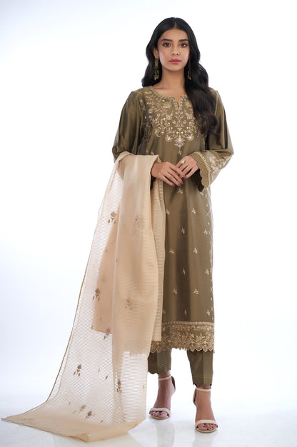 3 Piece Unstitched Embroidered Cotton Silk Suit
