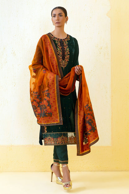 3 Piece Unstitched Embroidered Velvet Suit - Bottle Green