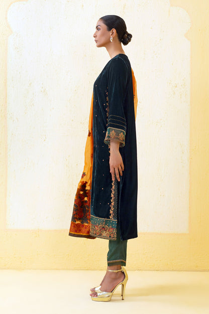 3 Piece Unstitched Embroidered Velvet Suit - Bottle Green