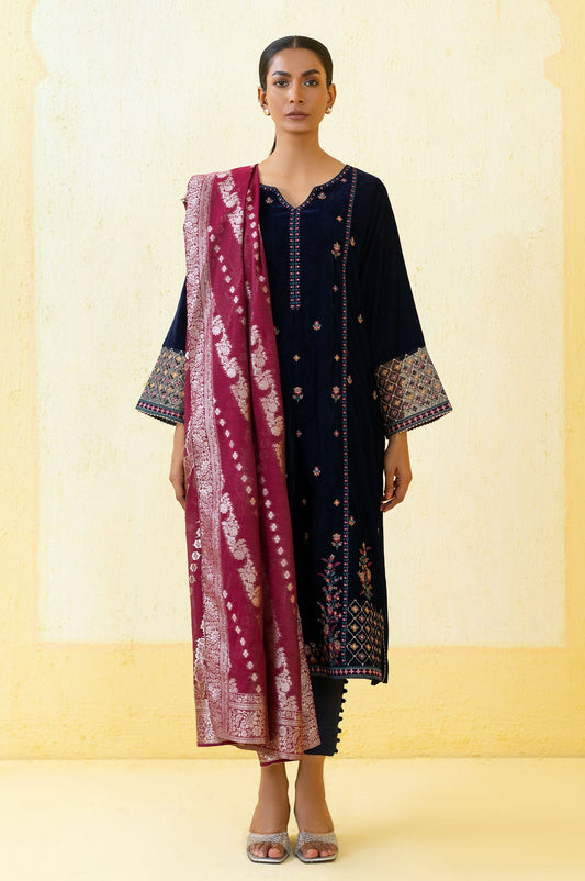 3 Piece Unstitched Embroidered Velvet Suit - Blue