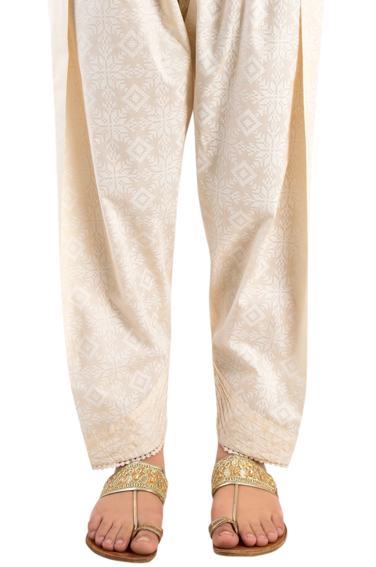 Embellished Narrow Shalwar - White Paste/Beige