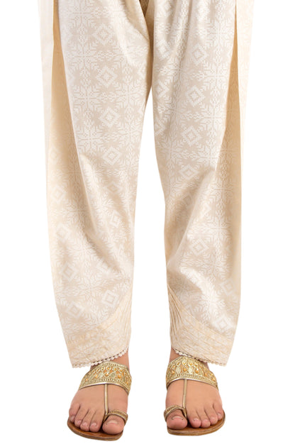 Embellished Narrow Shalwar - White Paste/Beige
