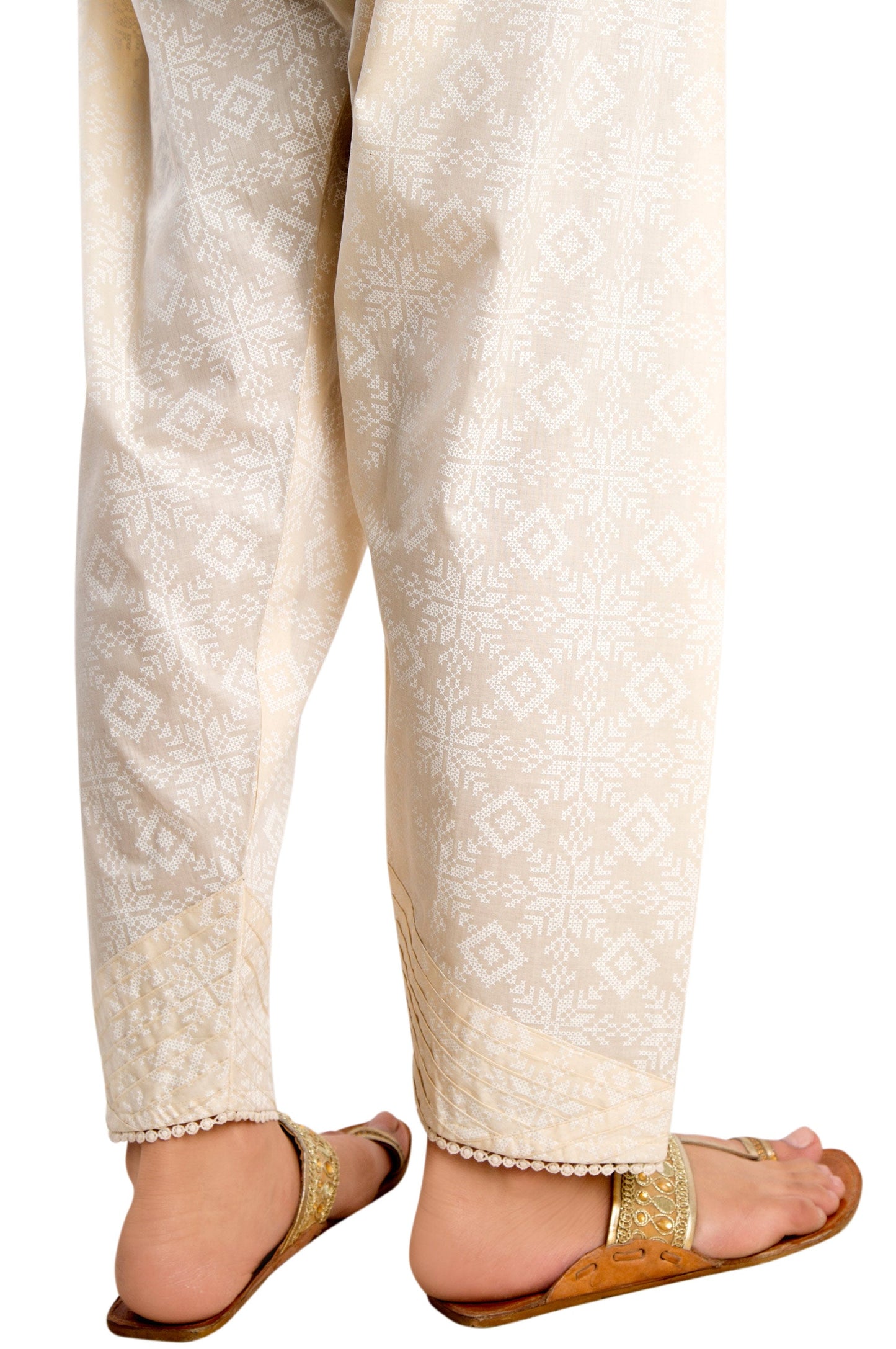 Embellished Narrow Shalwar - White Paste/Beige
