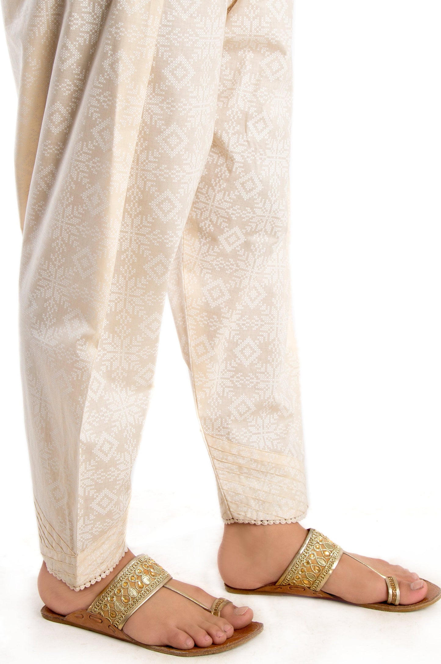 Embellished Narrow Shalwar - White Paste/Beige