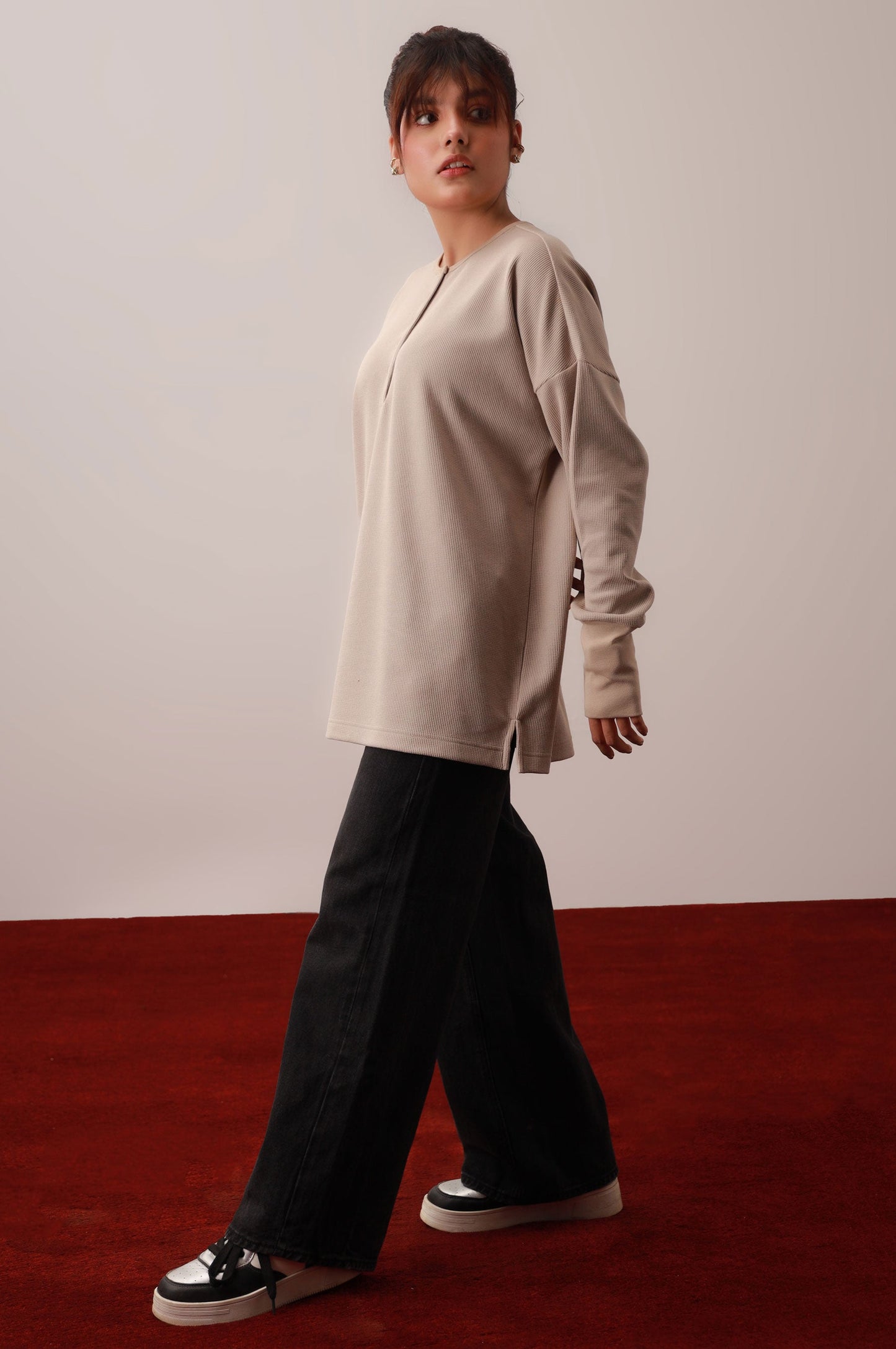 Beige Round Neck Western Top