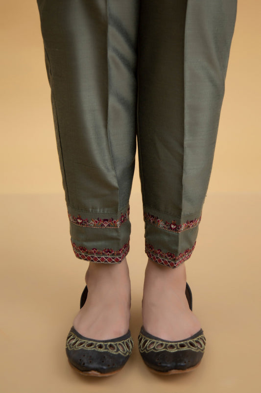 Basic Cotton Silk Cigarette Pants - Green