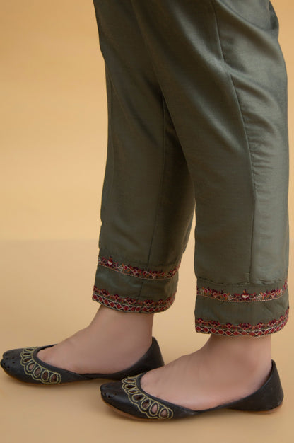 Basic Cotton Silk Cigarette Pants - Green
