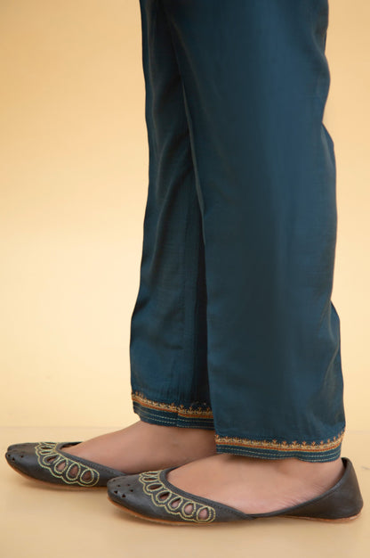 Basic Raw Silk Cigarette Pants - Blue