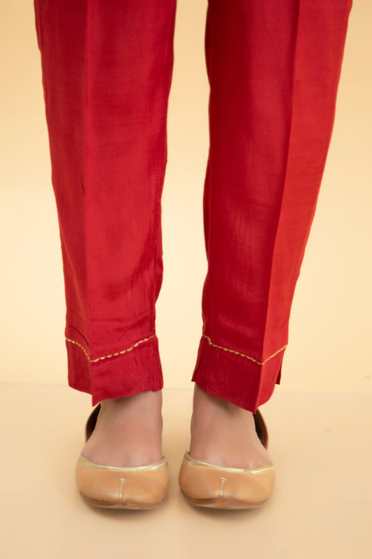 Basic Raw Silk Cigarette Pants - Maroon