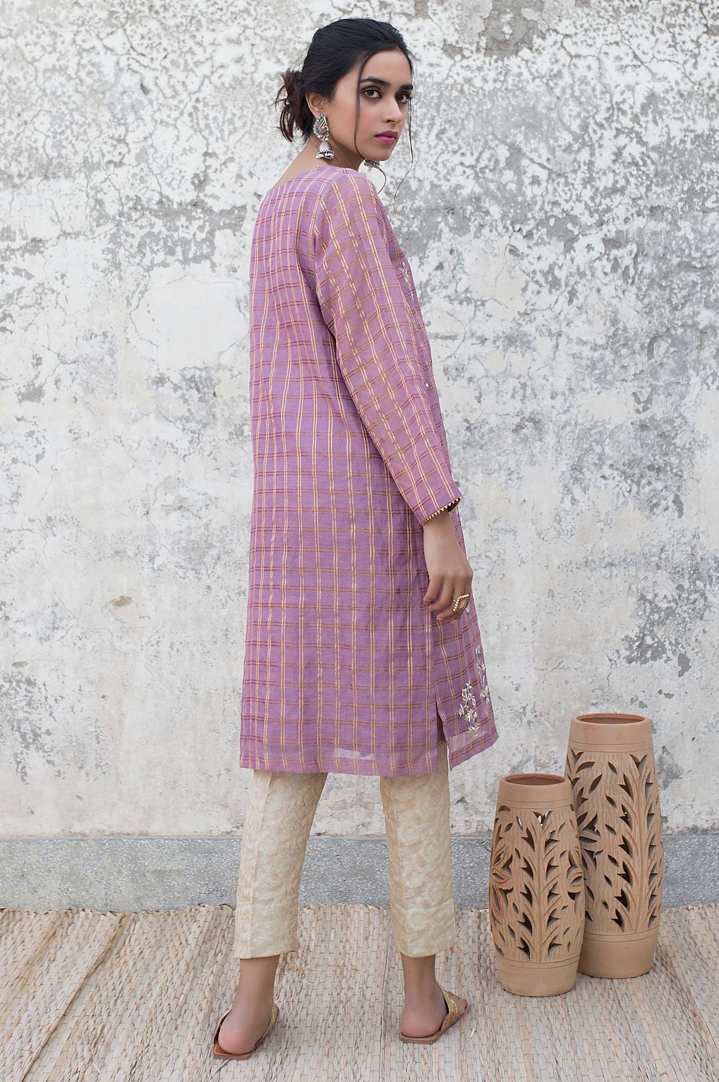 Stitched 1 Piece Zari Check Embroidered Shirt
