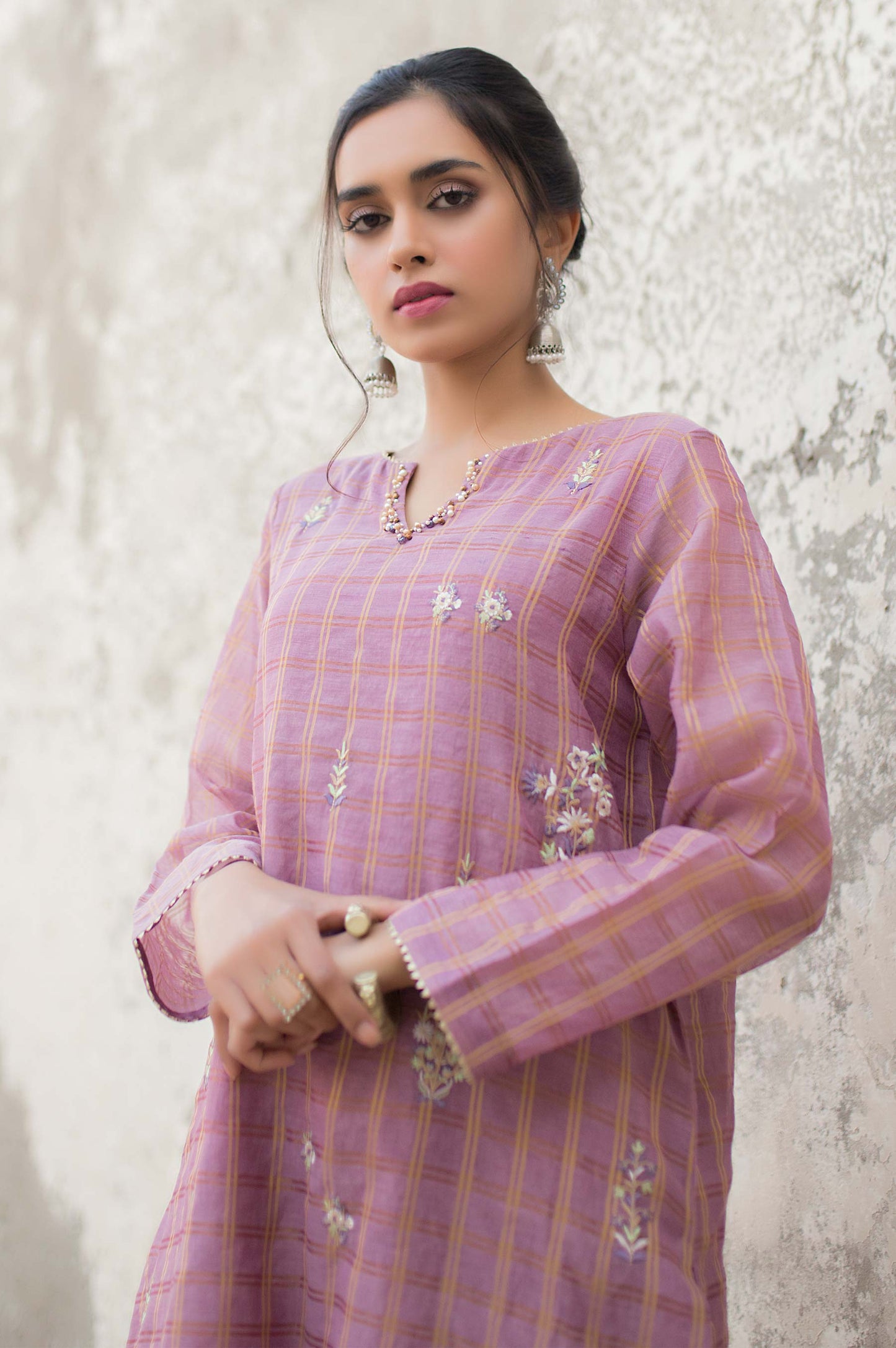 Stitched 1 Piece Zari Check Embroidered Shirt