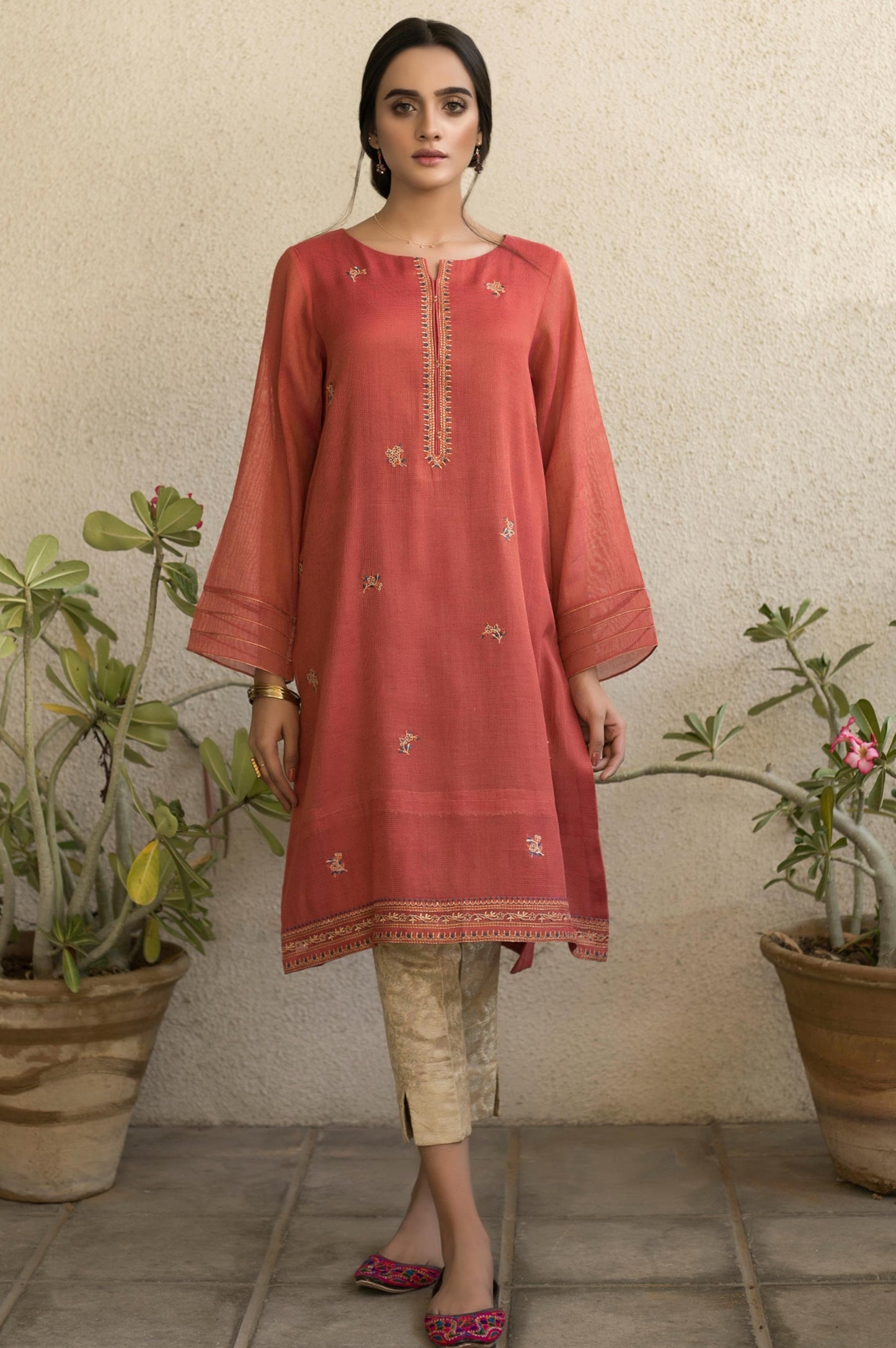 Stitched 1 Piece Embroidered Mysori Net Shirt