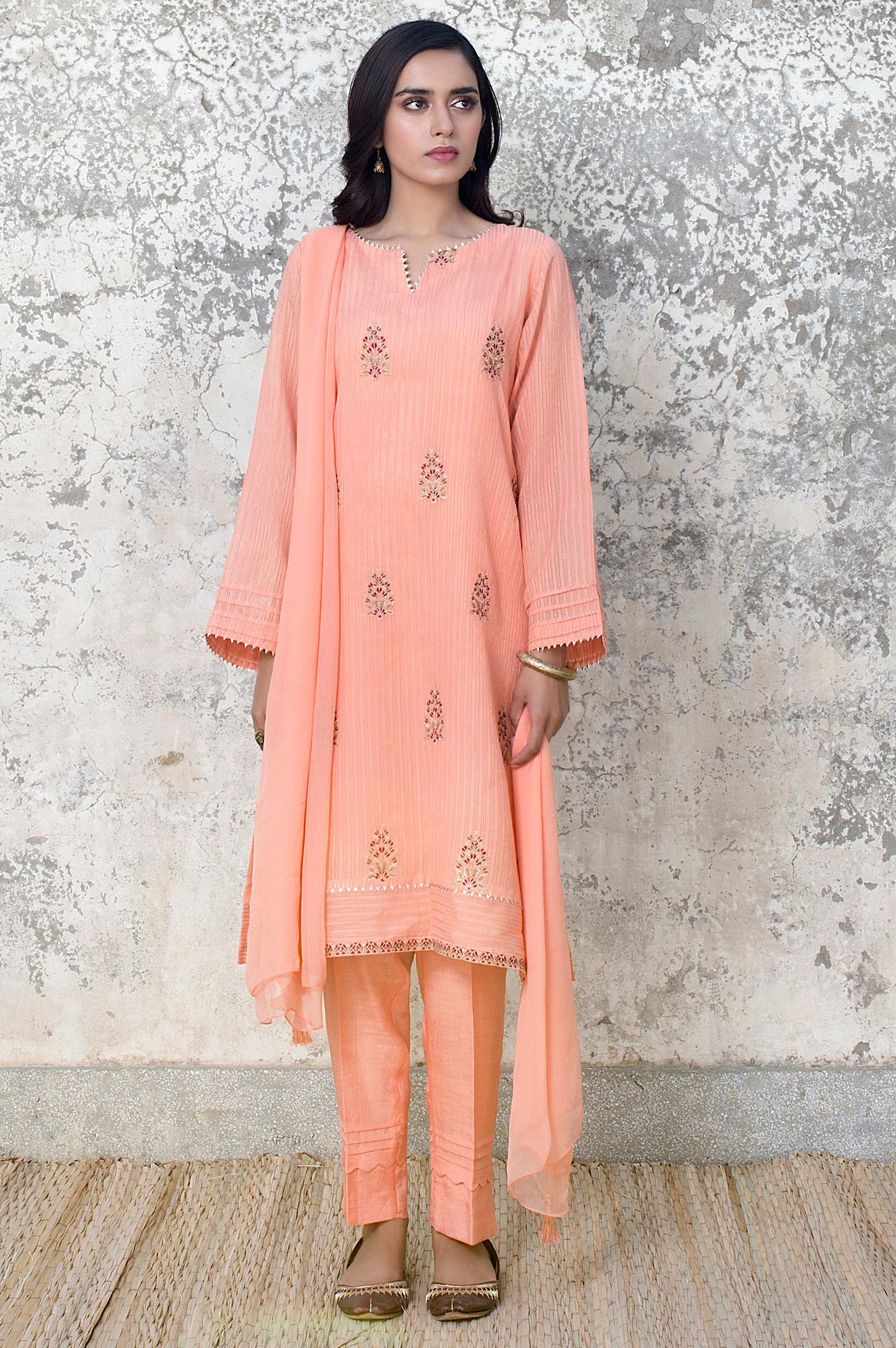 Stitched 2 Piece Stripe Cotton Embroidered Suit