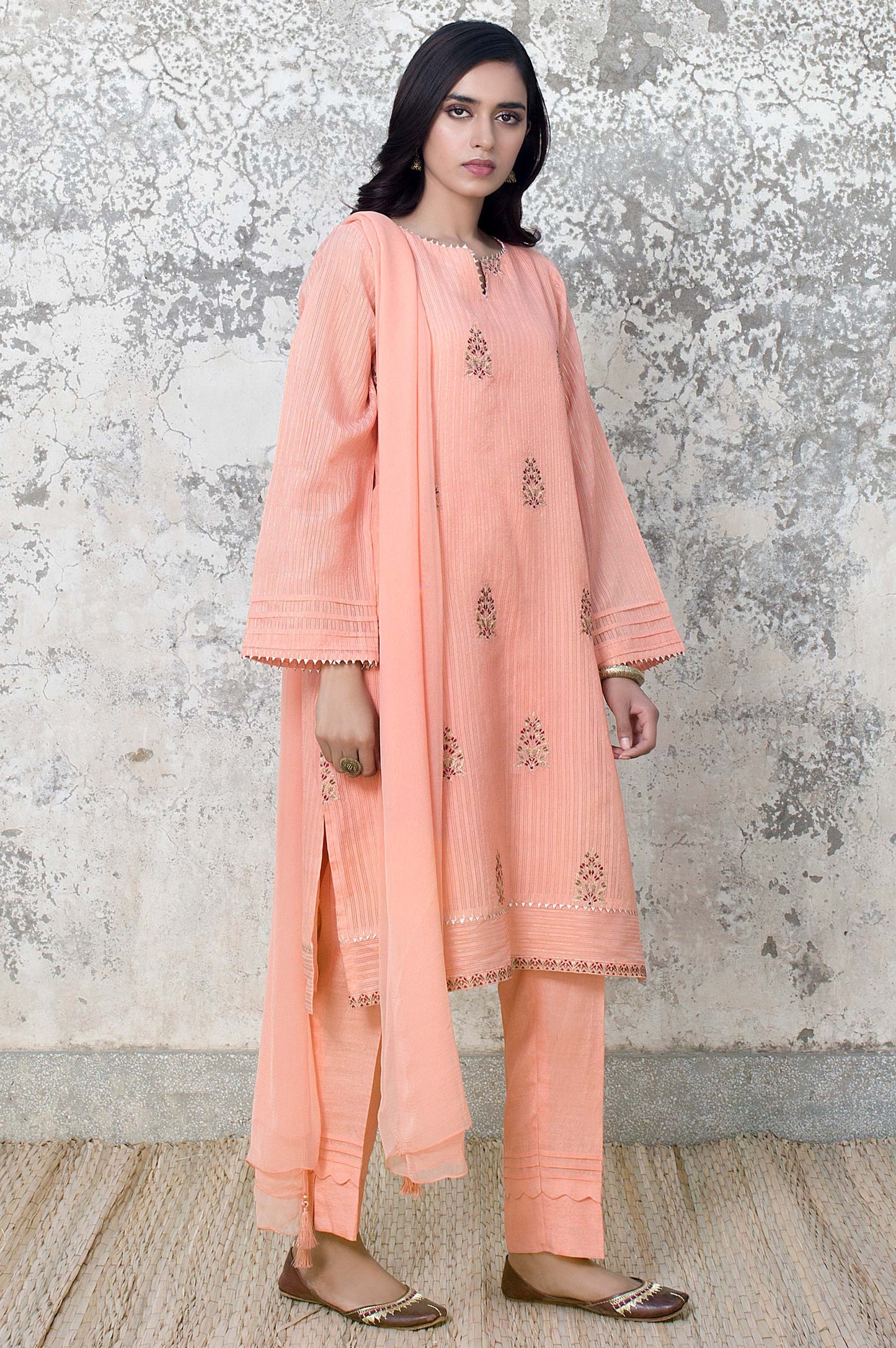 Stitched 2 Piece Stripe Cotton Embroidered Suit