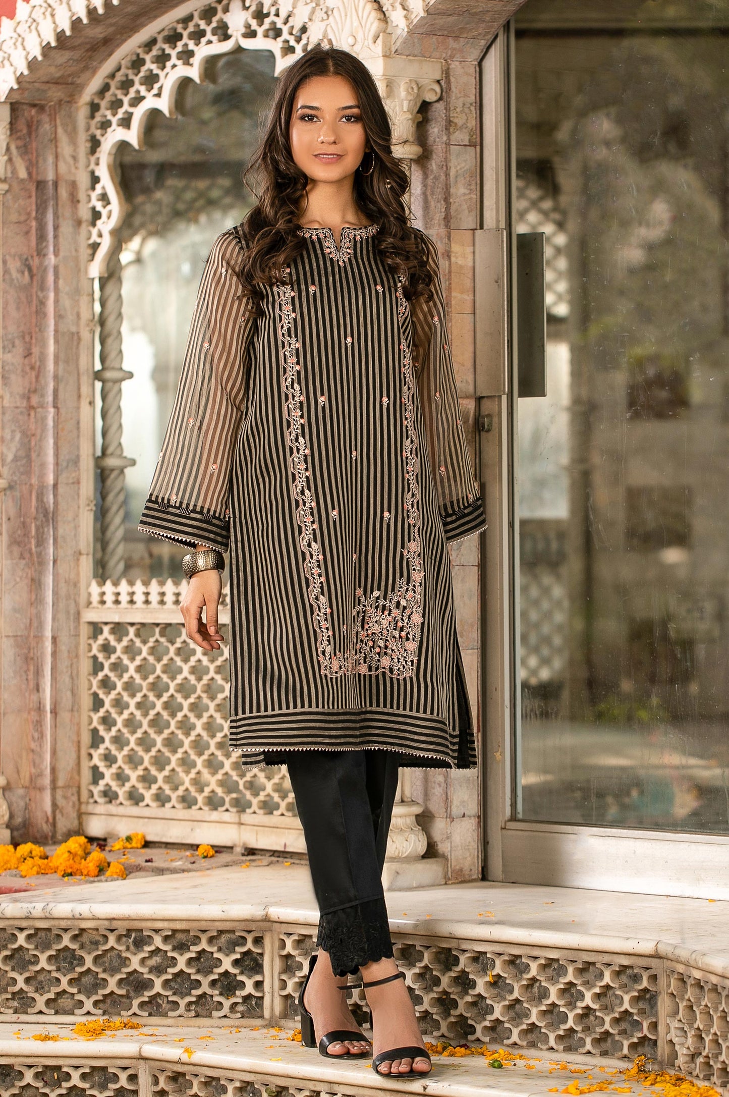 Stitched 1 Piece Striped Organza Embroidered Shirt