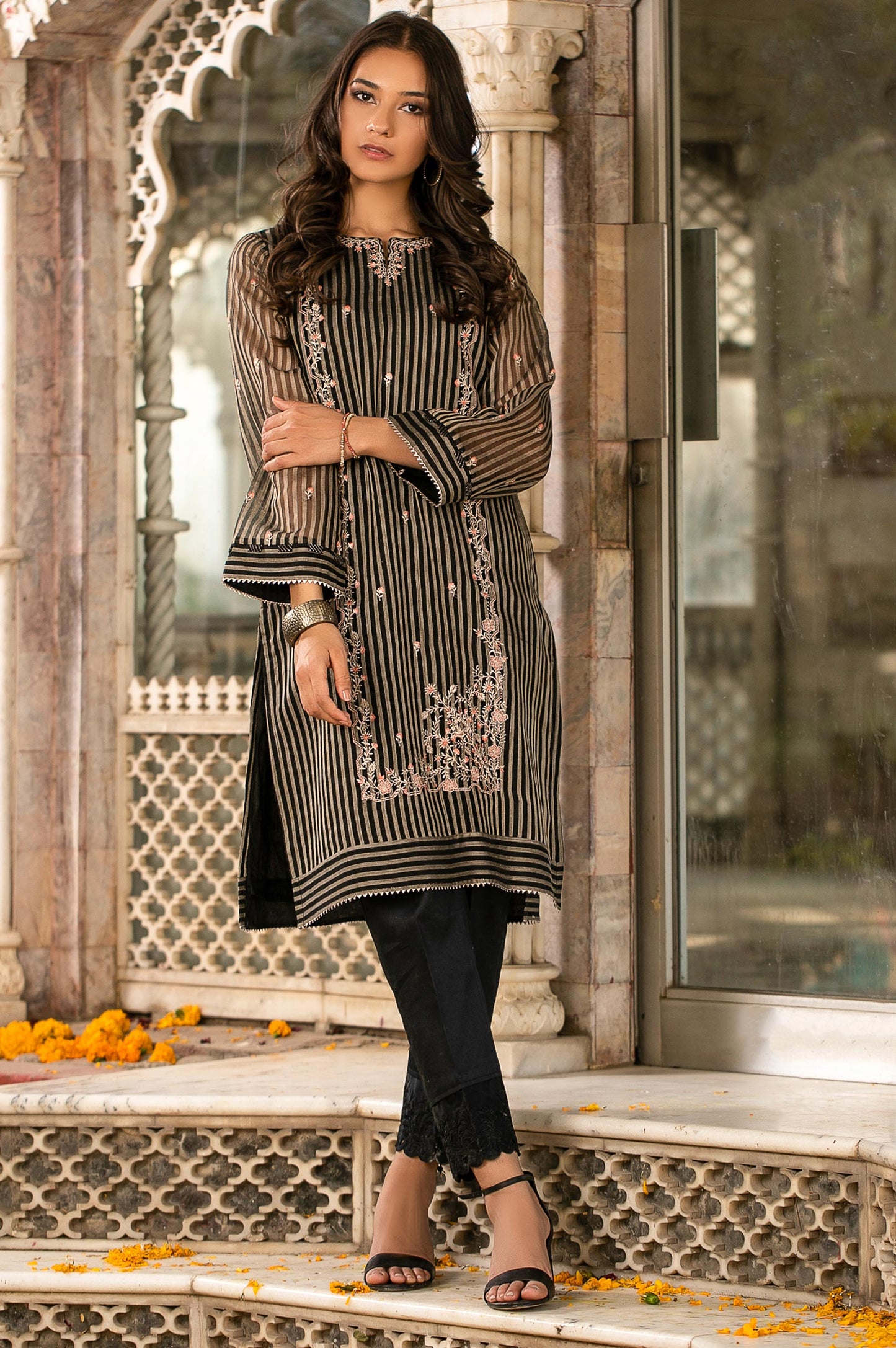 Stitched 1 Piece Striped Organza Embroidered Shirt