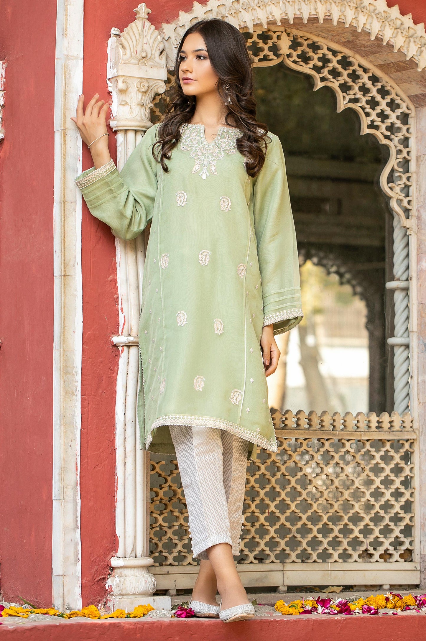 Stitched 1 Piece Organza Embroidered Shirt