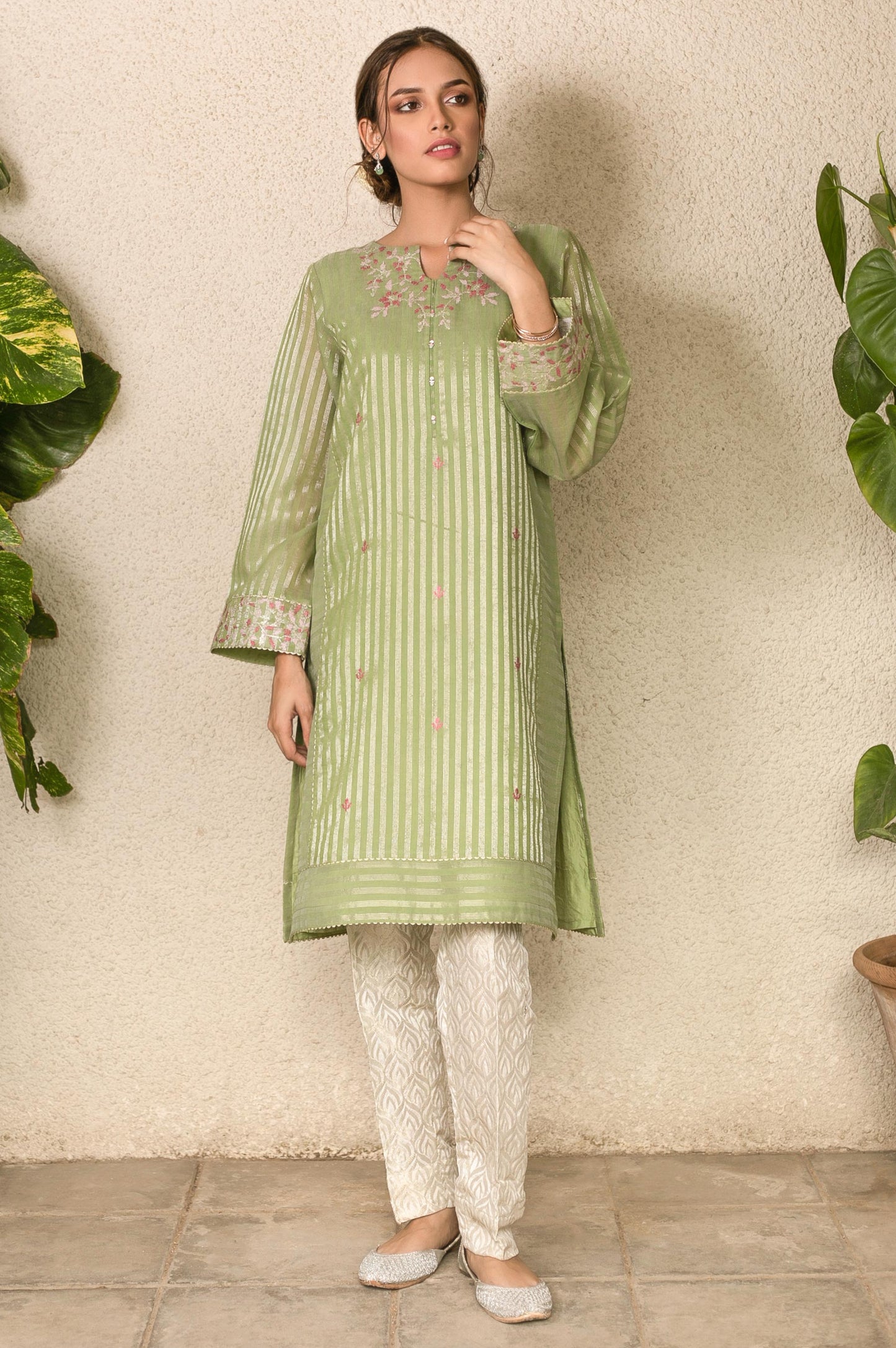 Stitched 1 Piece Zari Striped Embroidered Shirt