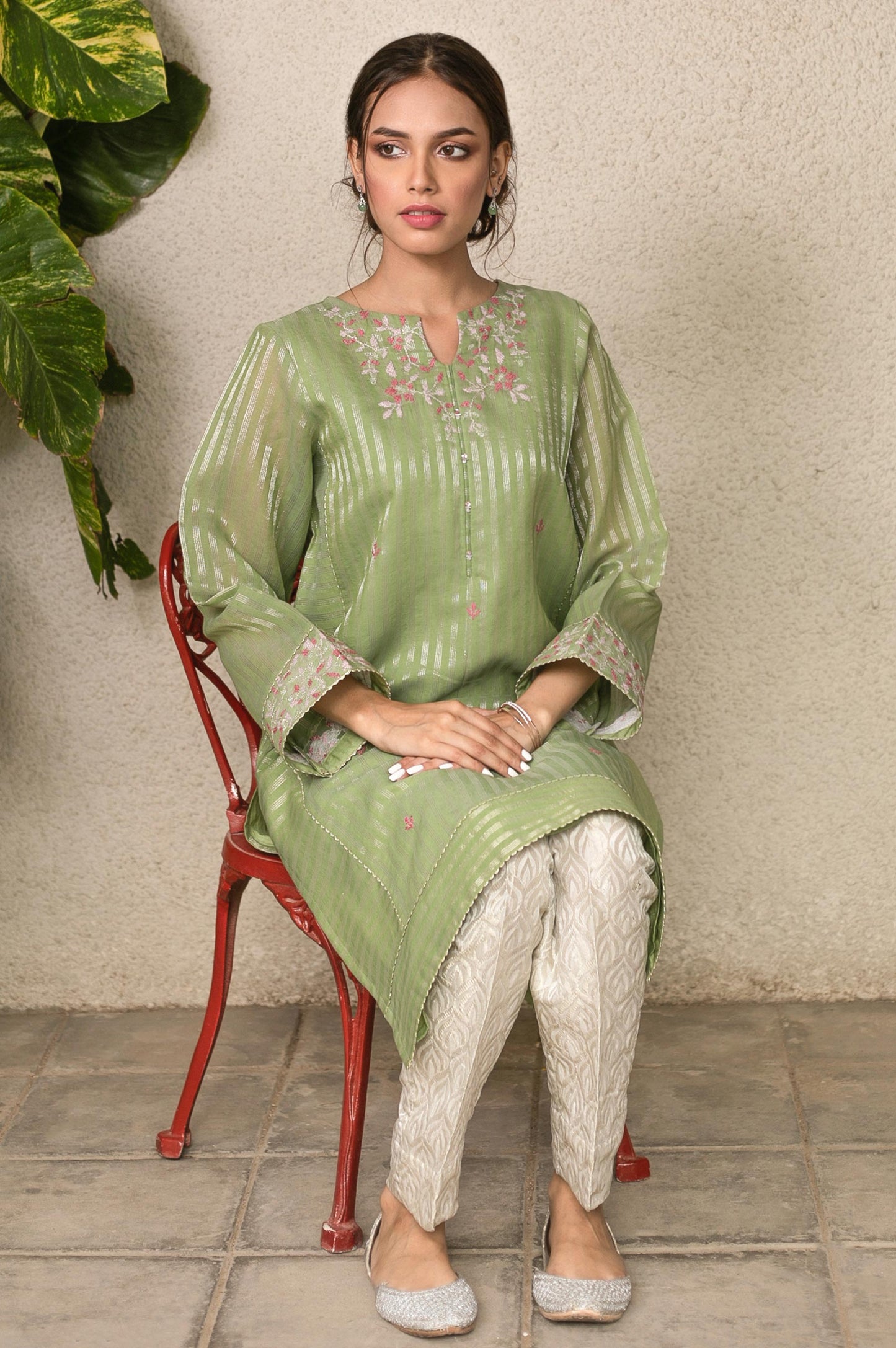 Stitched 1 Piece Zari Striped Embroidered Shirt